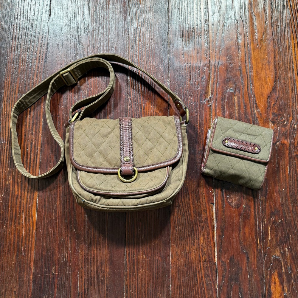 Vera Bradley Crossbody Bag Wallet Set Olive Green Quilted Canvas Brown